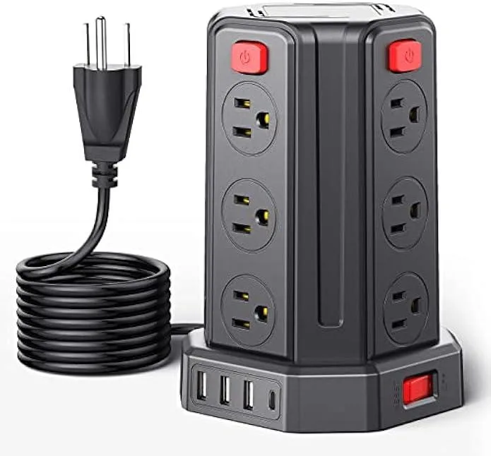 White vertical tower power strip with long cable and multiple outlets and USB ports
