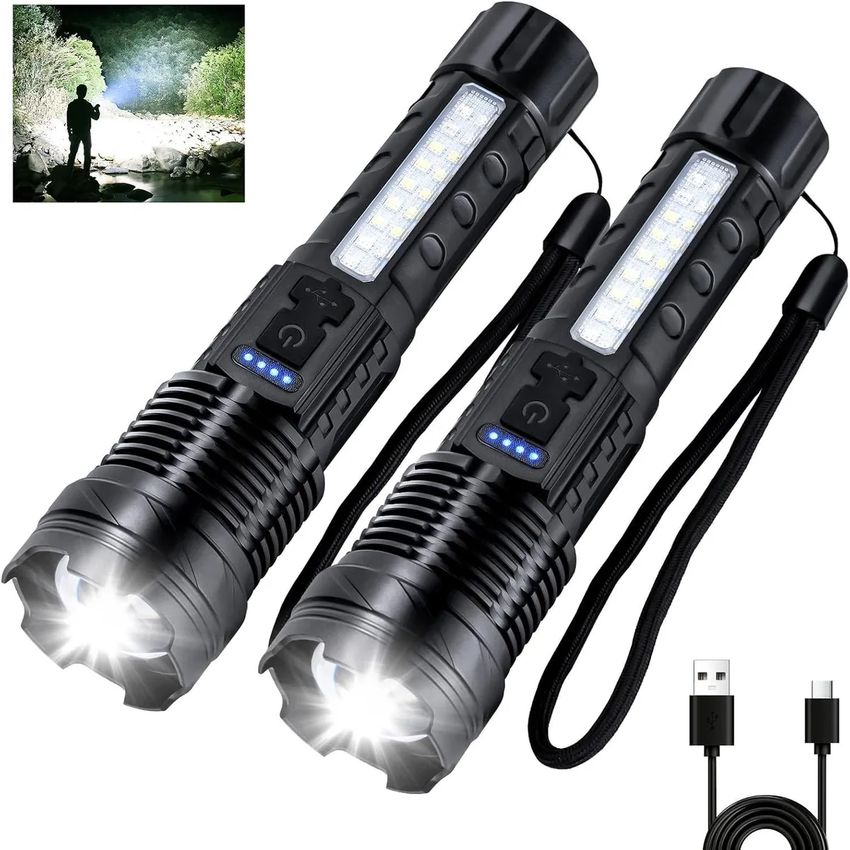 Two matte black cylindrical flashlights with textured grips and USB-C ports, side COB panels visible