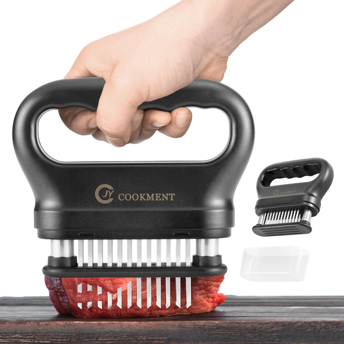 White handheld meat tenderizer with 48 stainless steel needle blades and ergonomic non-slip handle
