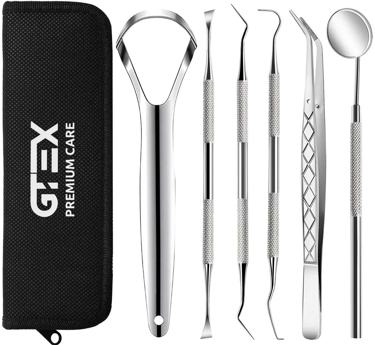 White GTEX dental tool kit with mirror, scrapers, probe, tweezers, tongue cleaner in zipper wallet