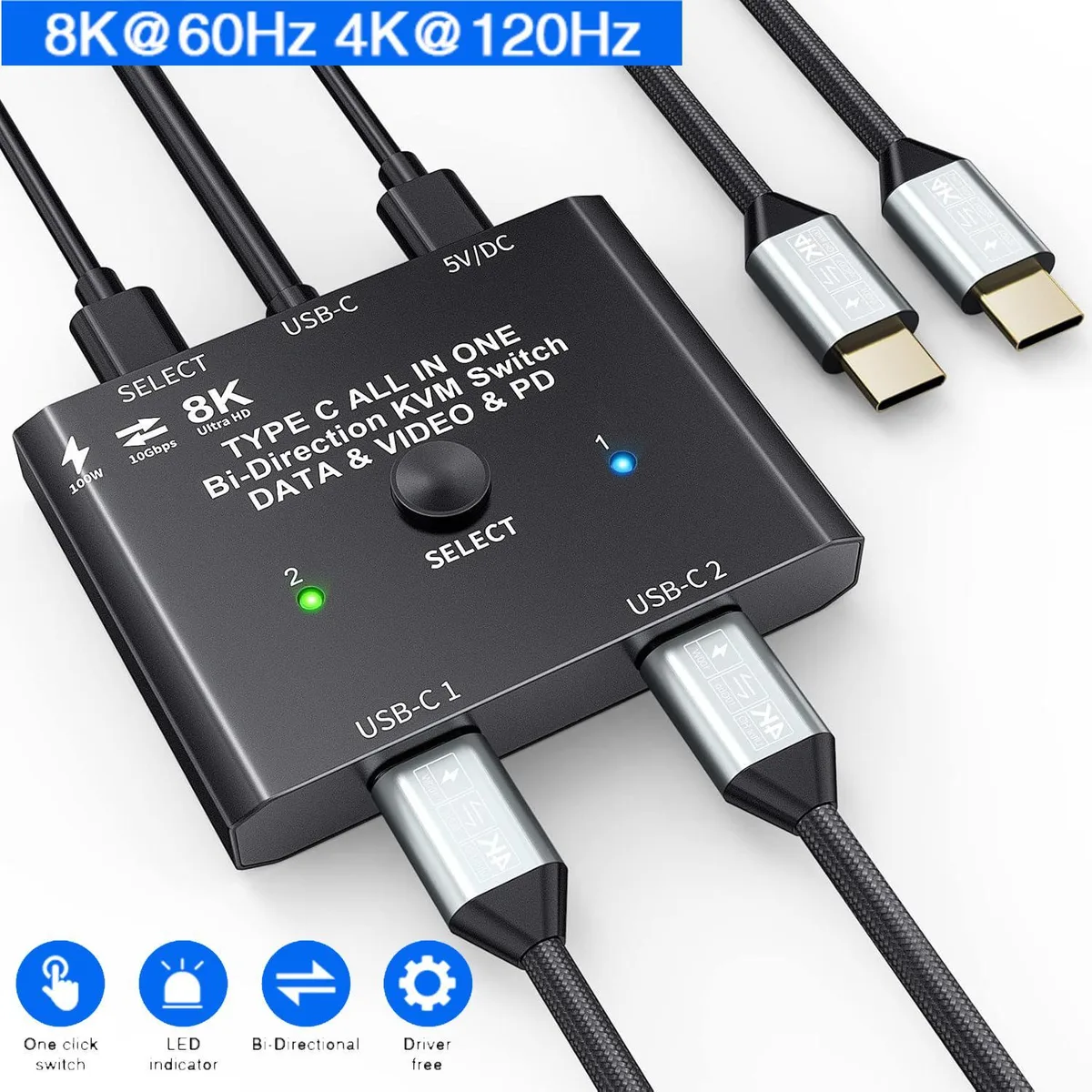 WRIARICH WRIARICH USB C KVM Switch 2 Port 8K 10Gbps 100W PD — product photo