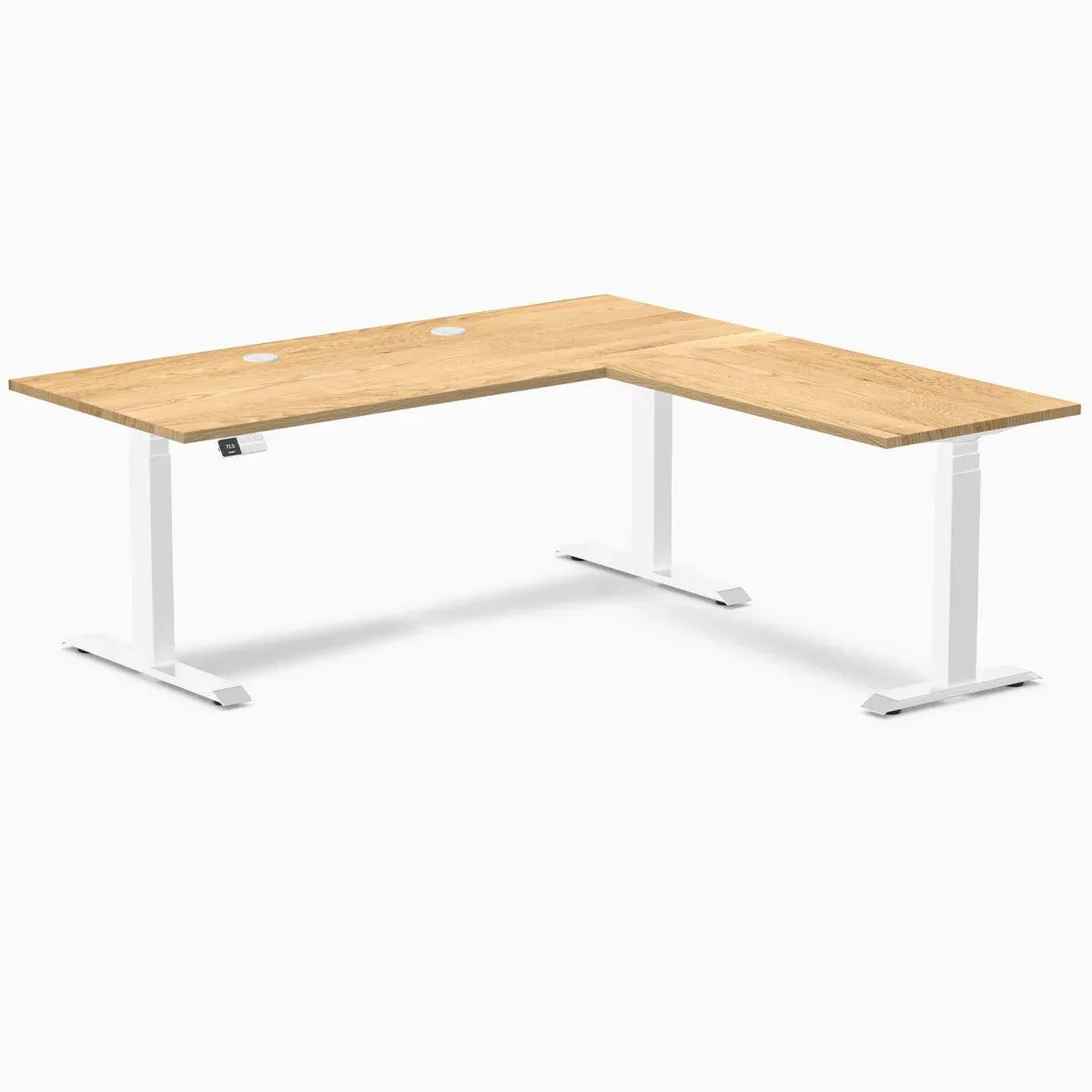 Desky Desky Hardwood L-Shape Sit Stand Desk White Oak White 72x30x70x24 in with Grommets — product photo