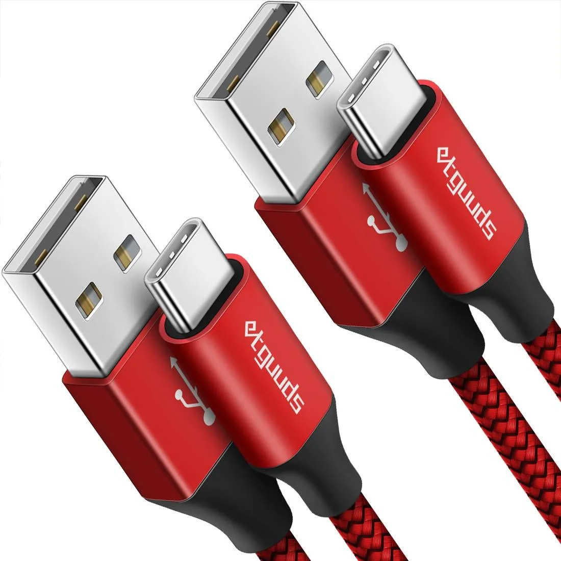 Two red nylon-braided USB-A to USB-C cables, 3 ft each