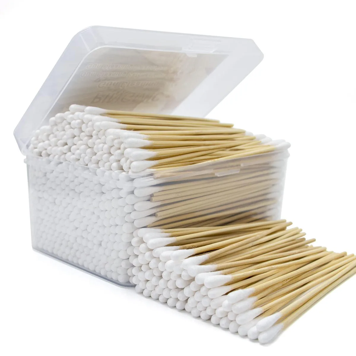 White rectangular plastic box containing 500 six-inch cotton swabs with round tips