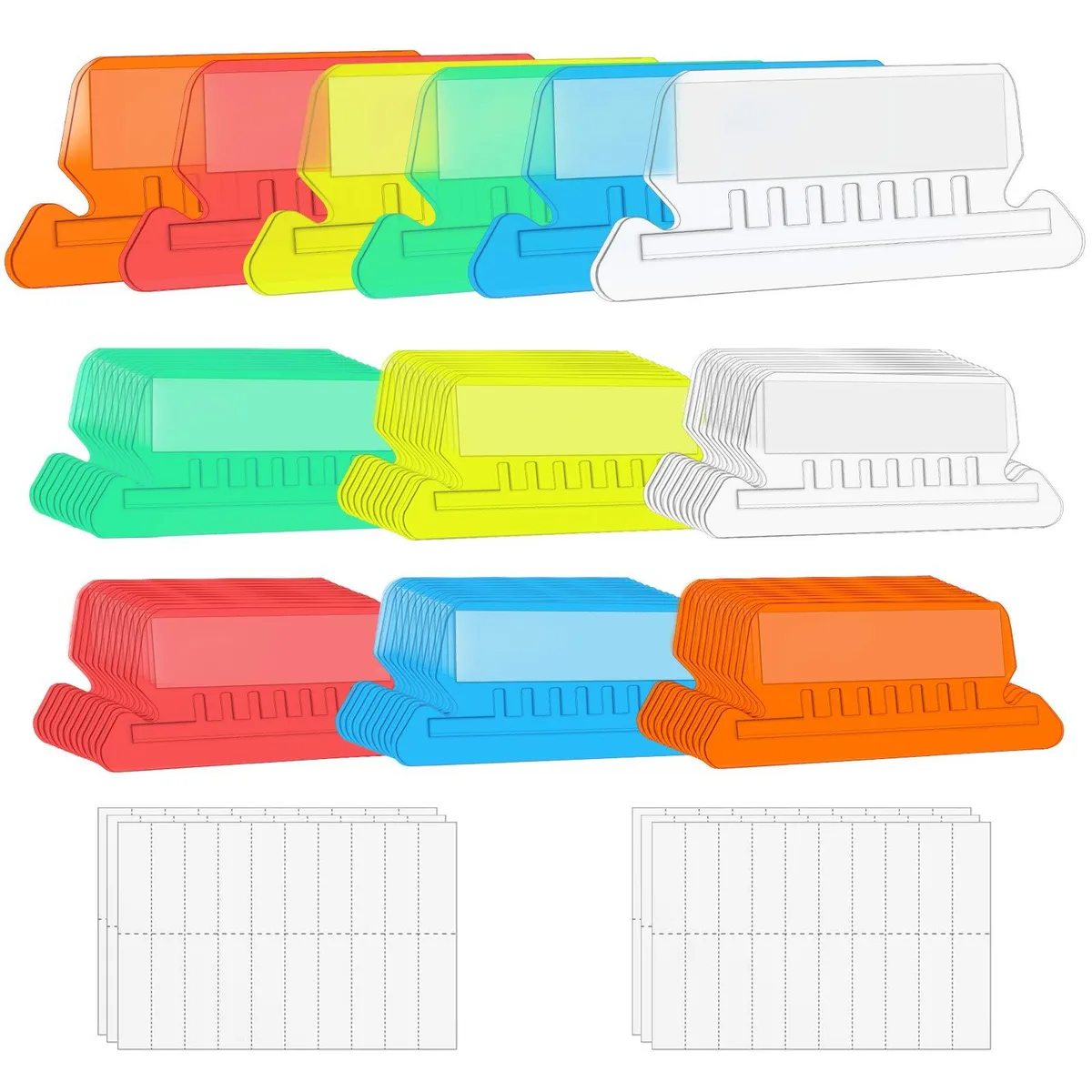 Clear plastic hanging file tabs in six colours with white paper inserts