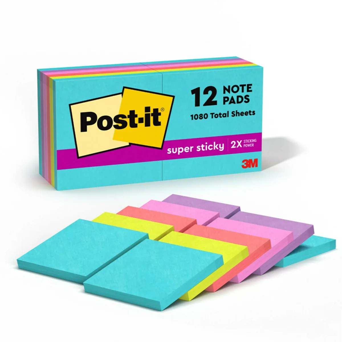 Twelve square pads of neon Super Sticky Notes in a paperboard carton