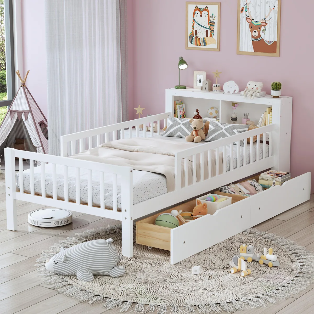 White wooden twin bed with headboard storage, two under-bed drawers and three-side guardrails