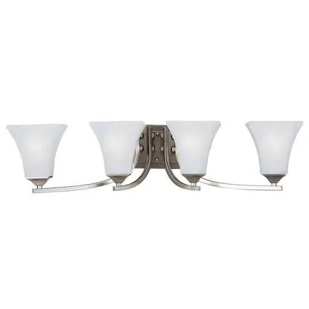 Satin nickel vanity light, four frosted glass shades on square metal frame, 29.5 inches wide