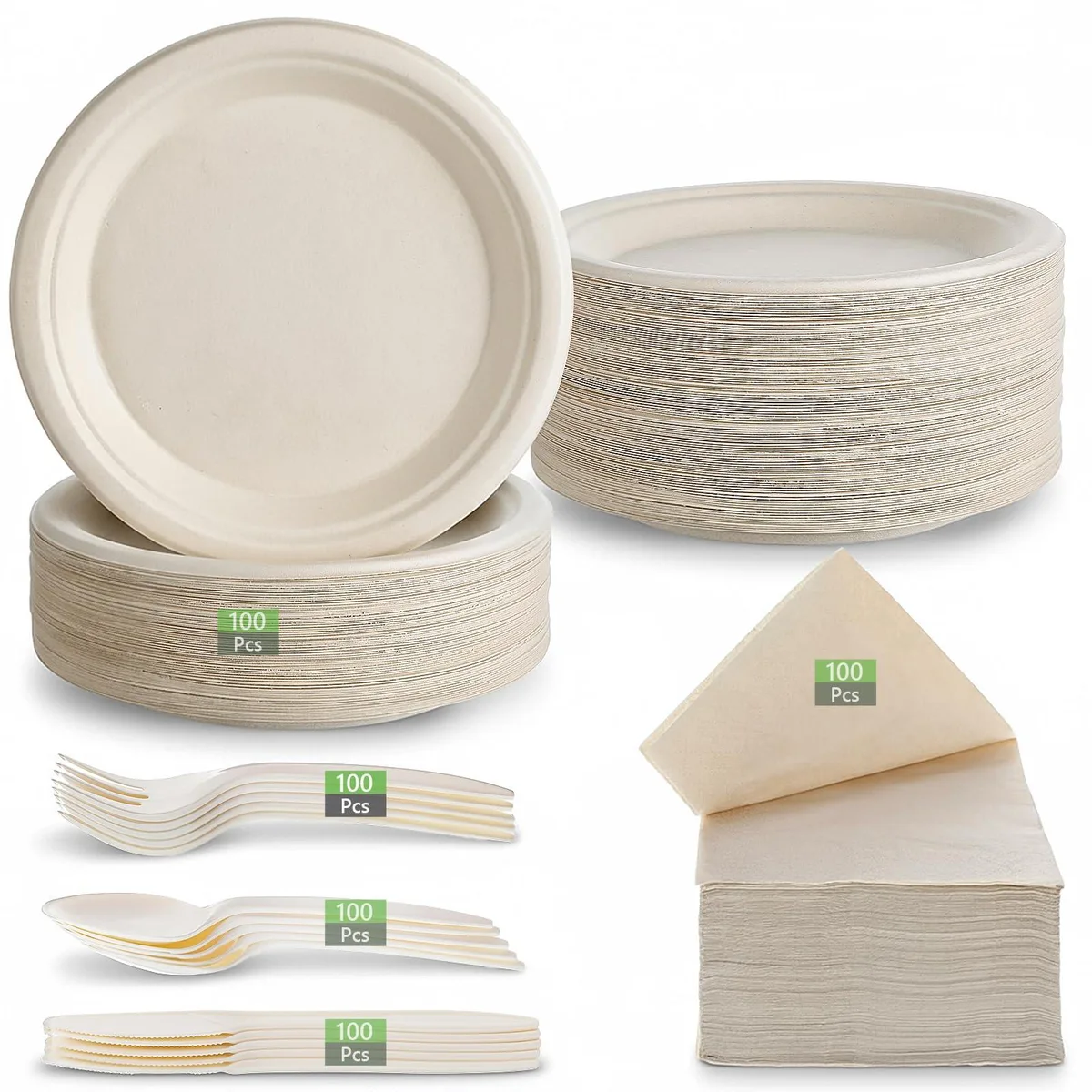 White round paper plates, silver stainless steel forks knives spoons, white napkins, stacked set
