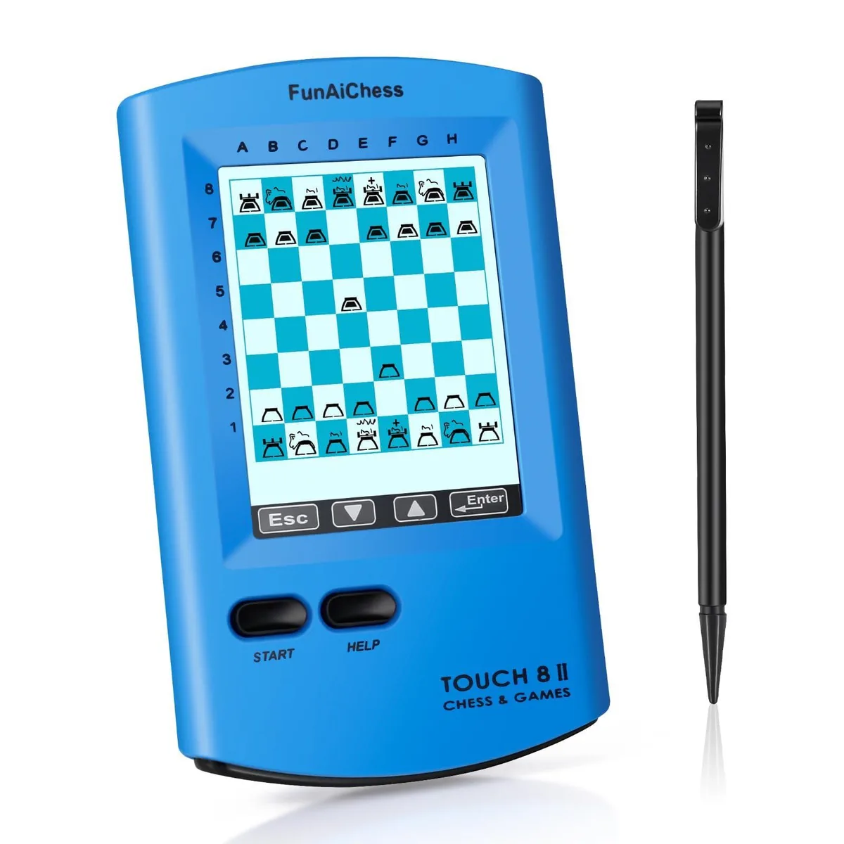 Blue handheld electronic chess computer with 2.9 inch touchscreen and stylus