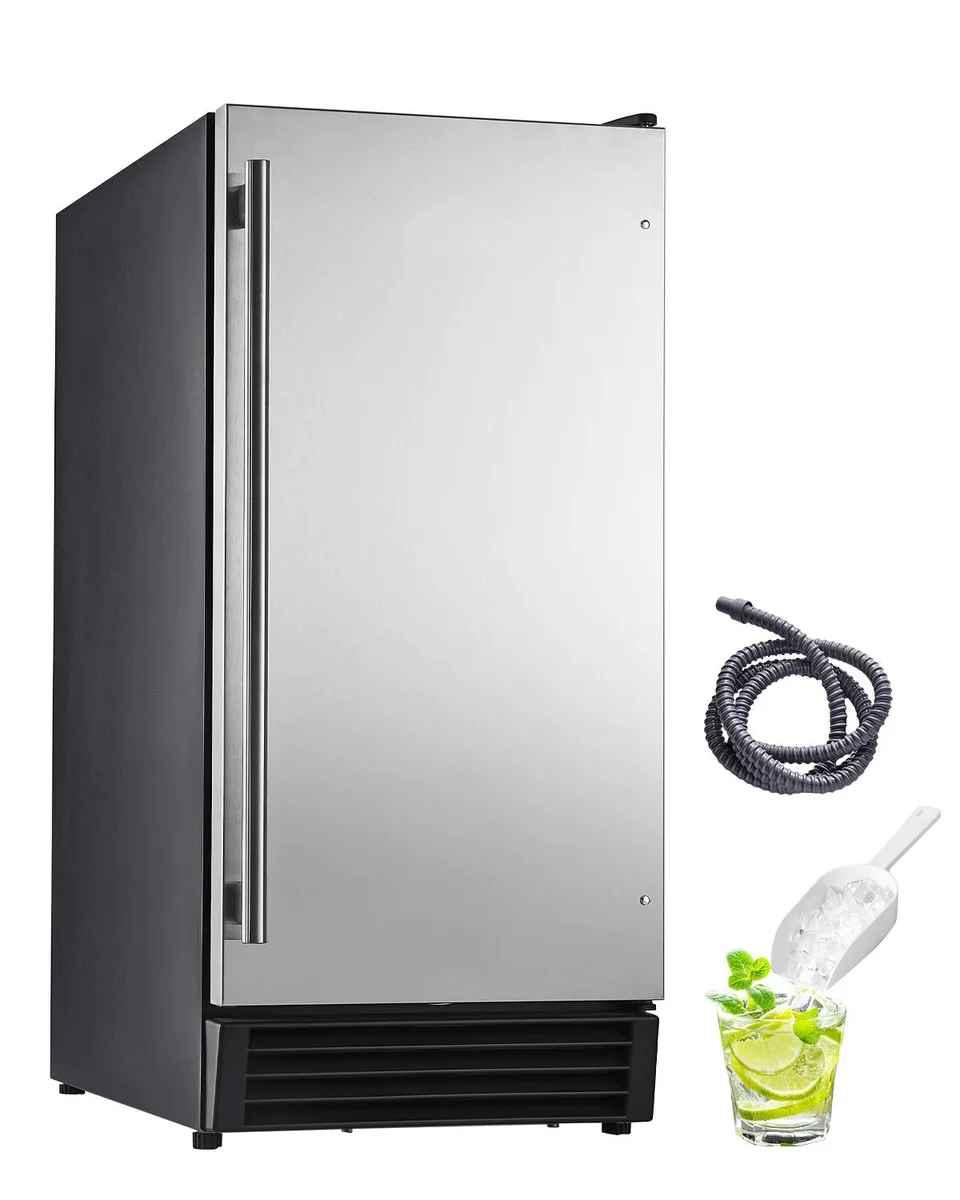 Stainless steel undercounter ice maker with reversible door and full-length handle
