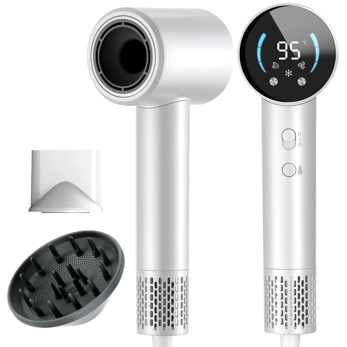 Silver ionic hair dryer with magnetic diffuser and nozzle, compact cylindrical body