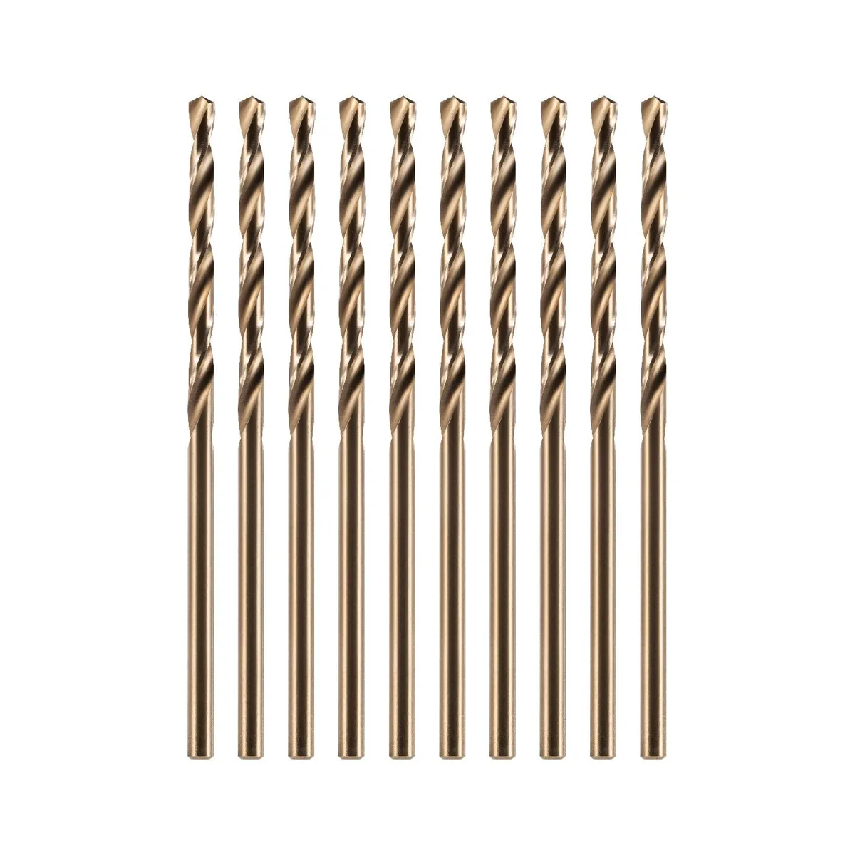 Ten 1/16 inch cobalt drill bits in a row, gold finish, straight shanks