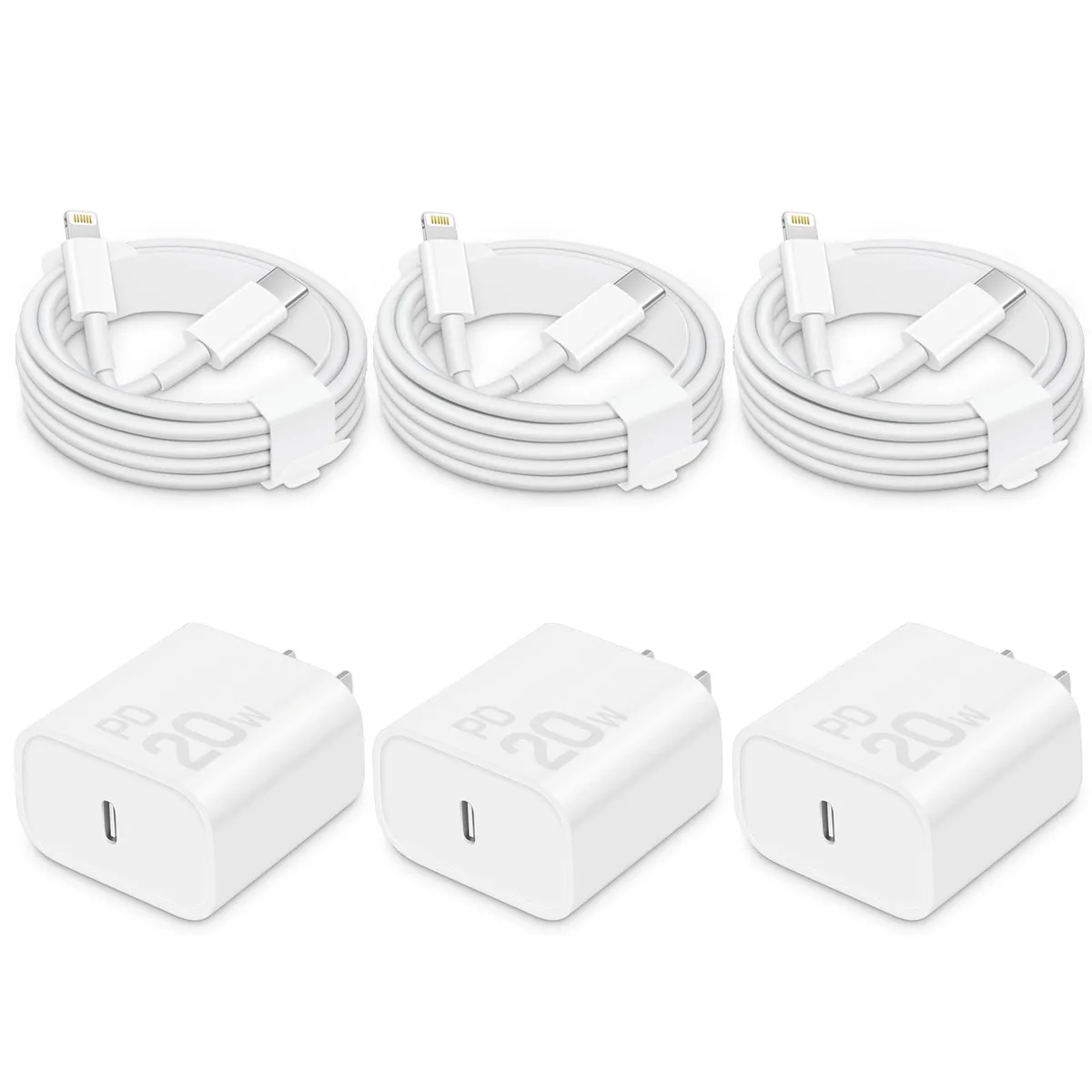Three white USB-C power adapters with three matching white Lightning cables coiled beside them