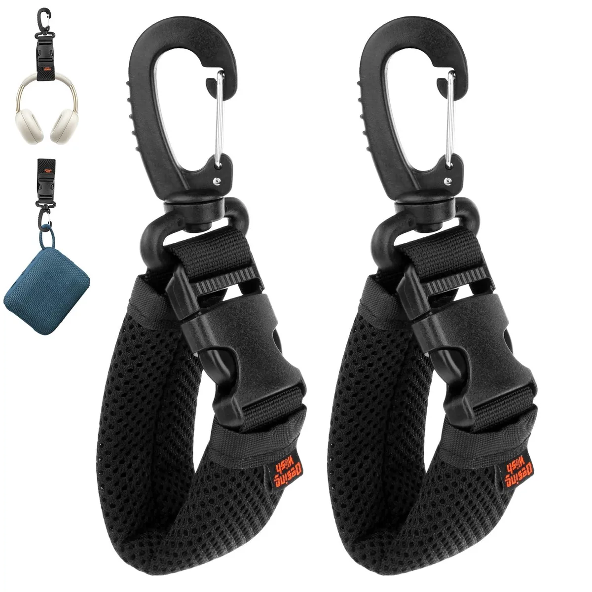 Two black rotating hooks with carabiners and mesh loops