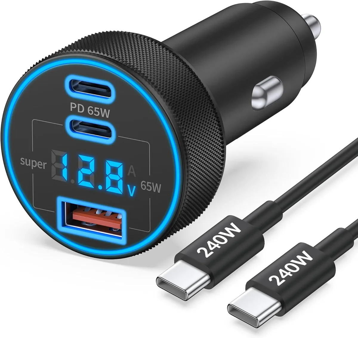 Hamzan Hamzan 130W 3-Port USB-C Car Charger with Voltage Display + 240W 3FT Cable — product photo