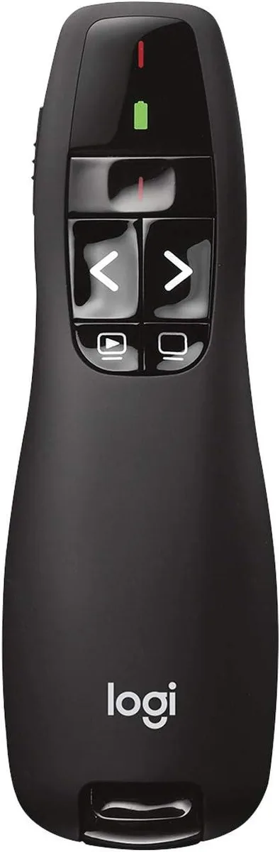 Compact dark presenter with red laser pointer and tactile navigation buttons