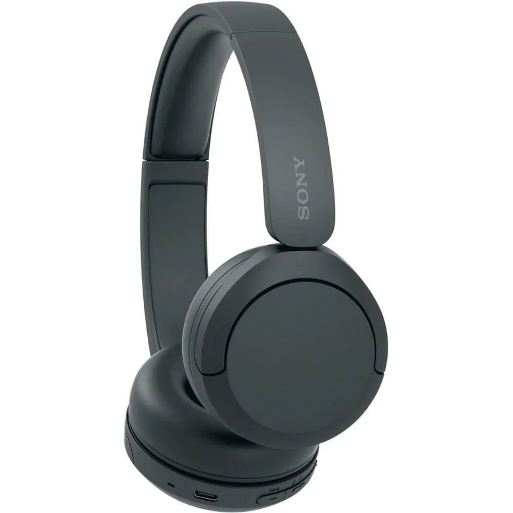 Black over-ear wireless headphones with padded headband and swivel earcups