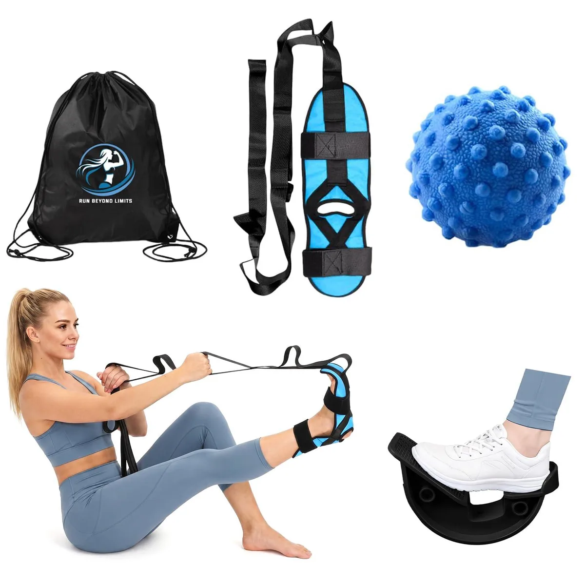 Black foot rocker with heel cradle, anti-slip base, yoga strap and massage ball, ten pieces