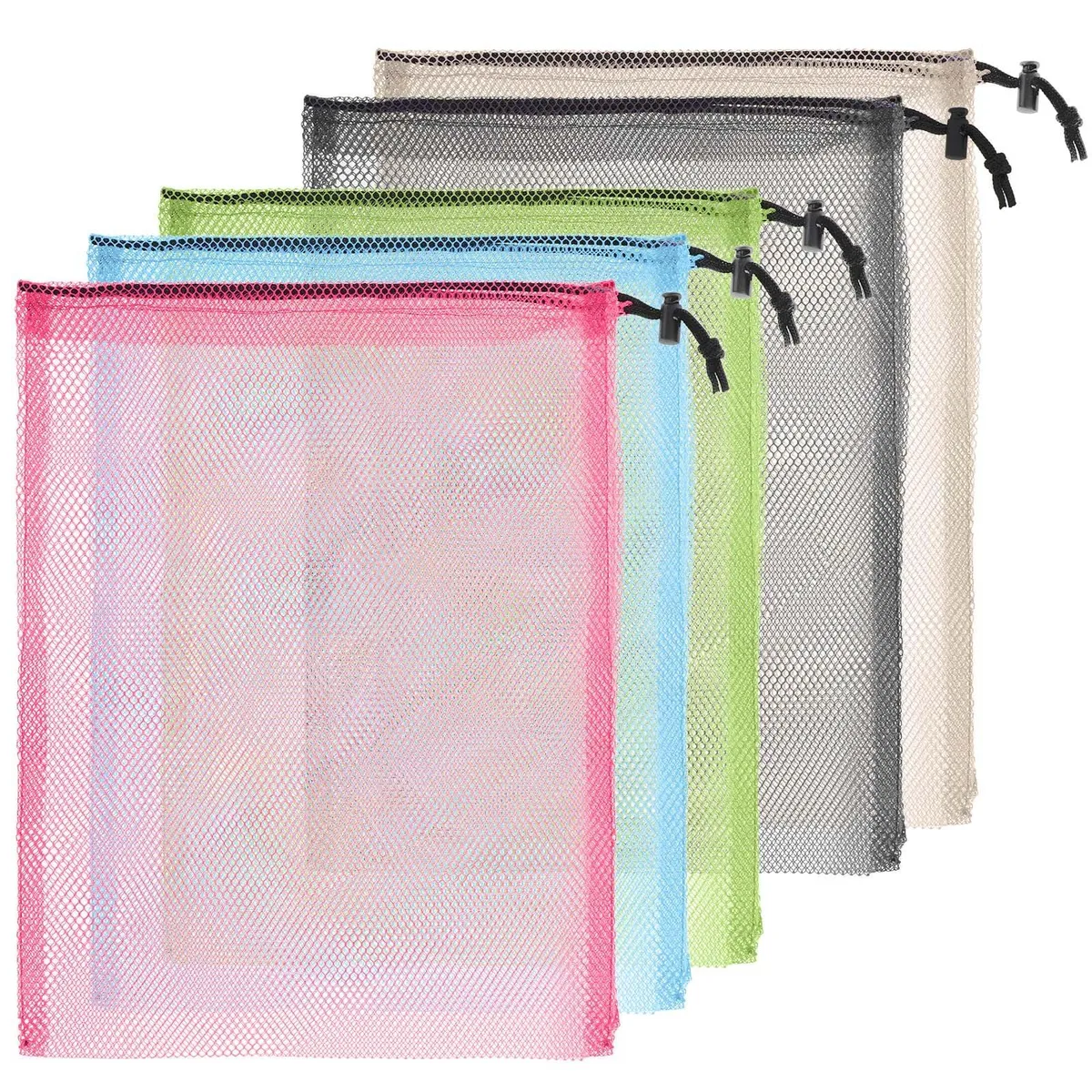 Six multicolour nylon mesh drawstring bags, 11 by 15 inches, lightweight breathable weave with cord locks