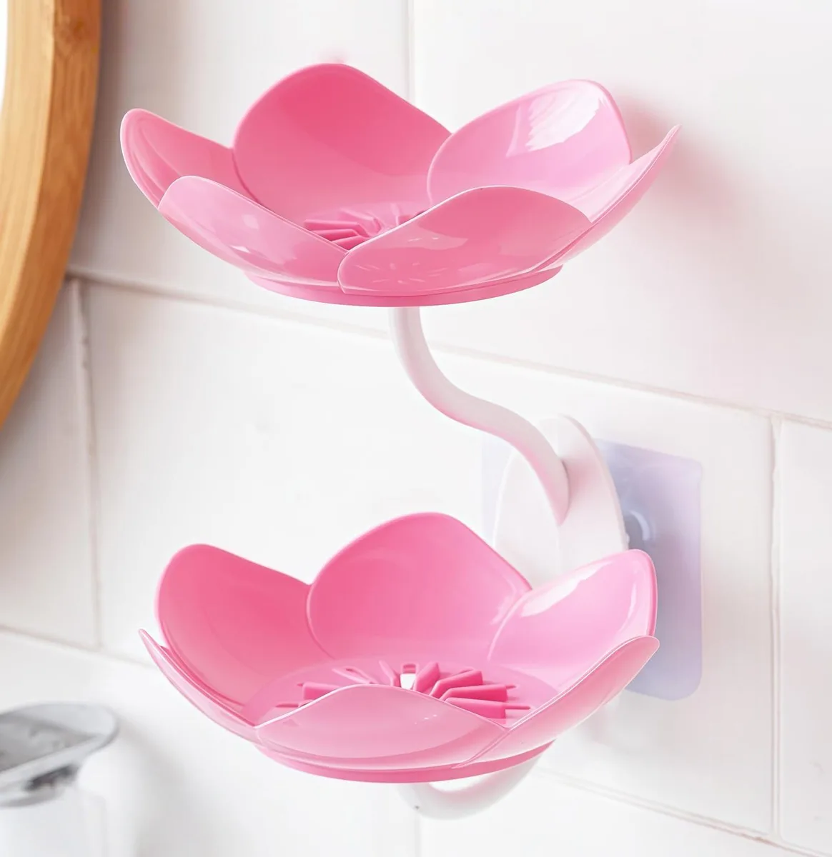 White lotus-shaped soap holder with adhesive backing and double-layer drainage tray