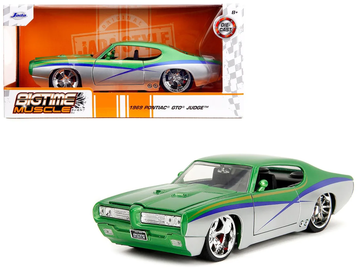 Jada Jada 1969 Pontiac GTO Judge Green Metallic Silver Stripes Bigtime Muscle 1/24 Diecast — product photo