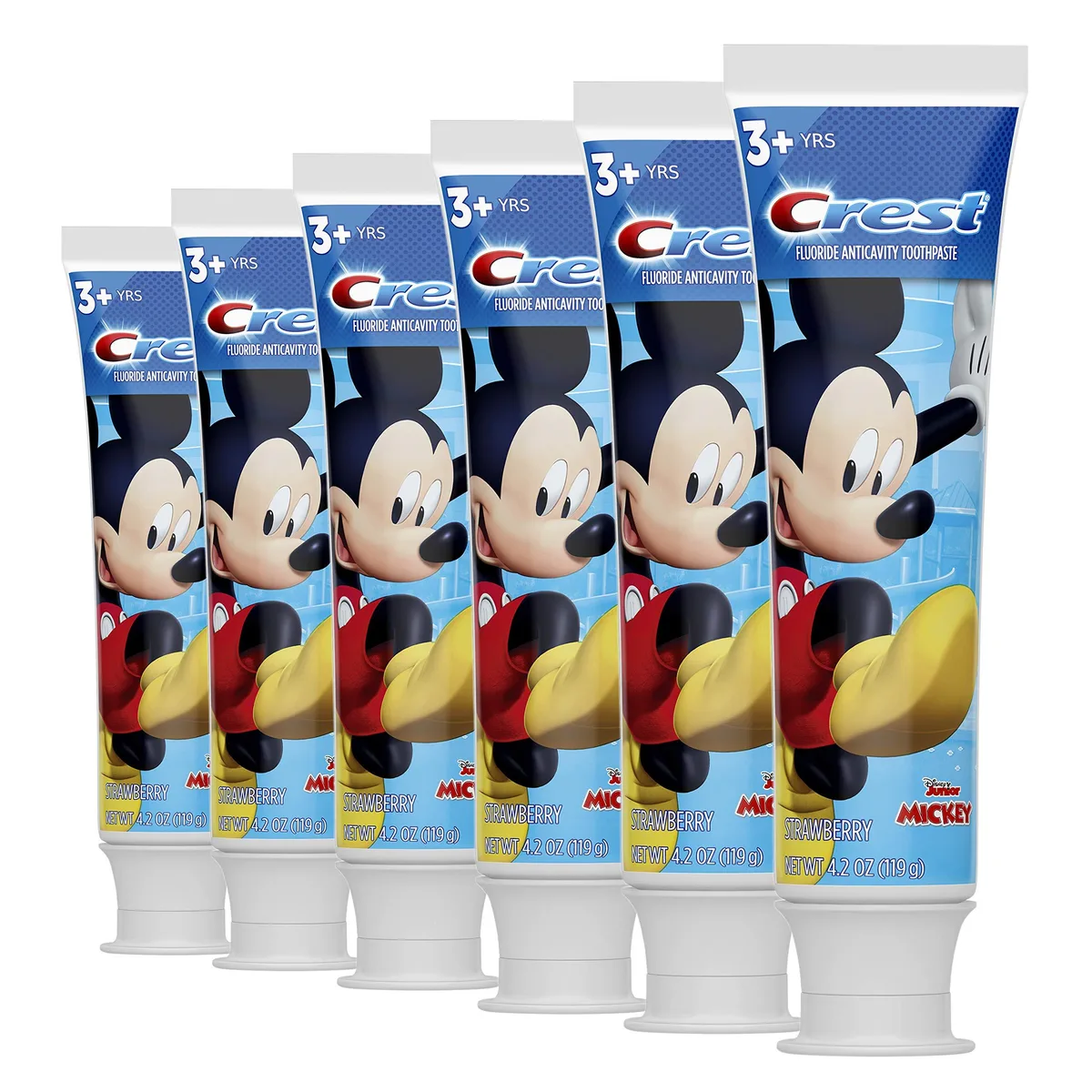 Six 4.2 oz strawberry toothpaste tubes with Mickey Mouse graphics
