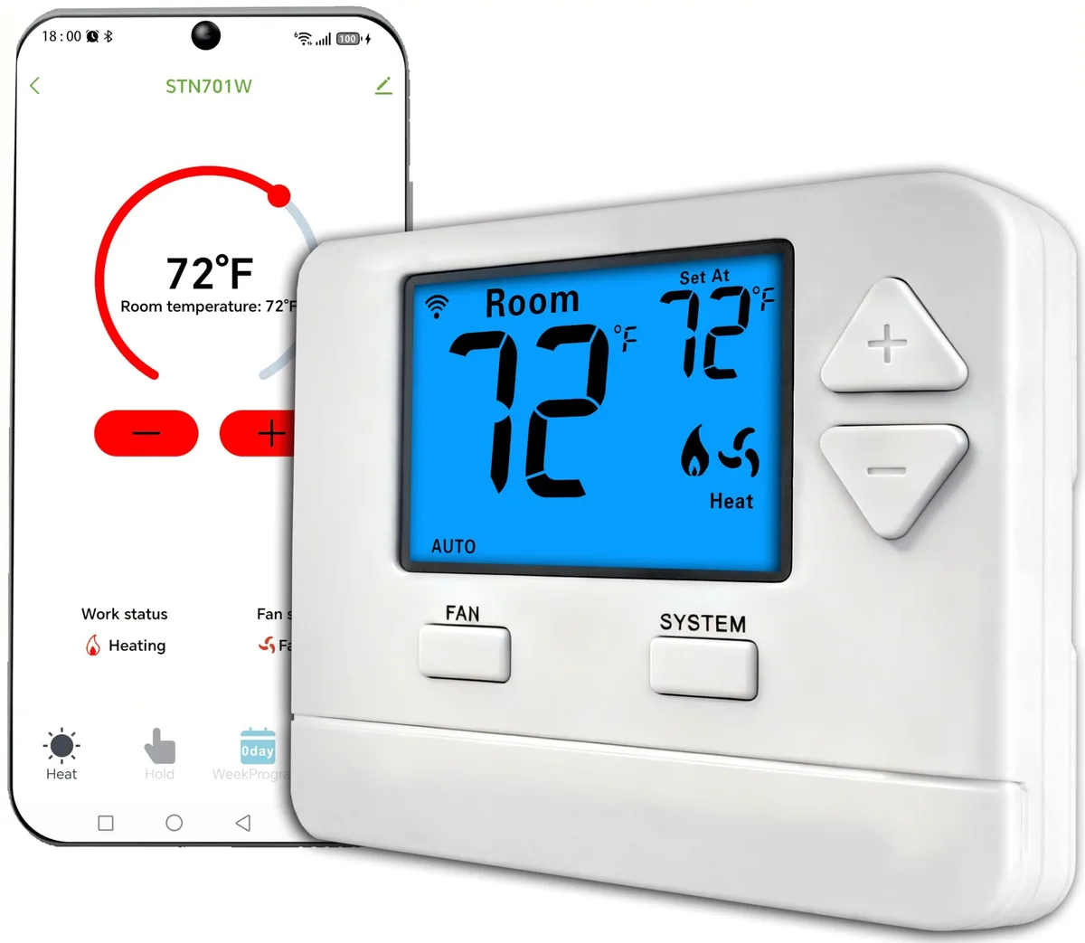 Twelve blue wall thermostats, rectangular with rounded corners, matte finish, shown in a pack