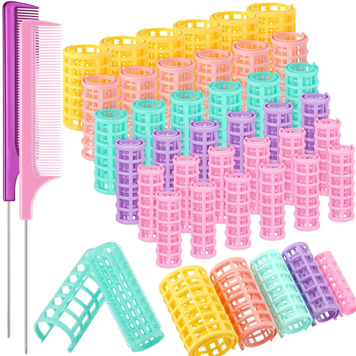 A set of 36 bright plastic hair rollers in five sizes with two steel pintail combs