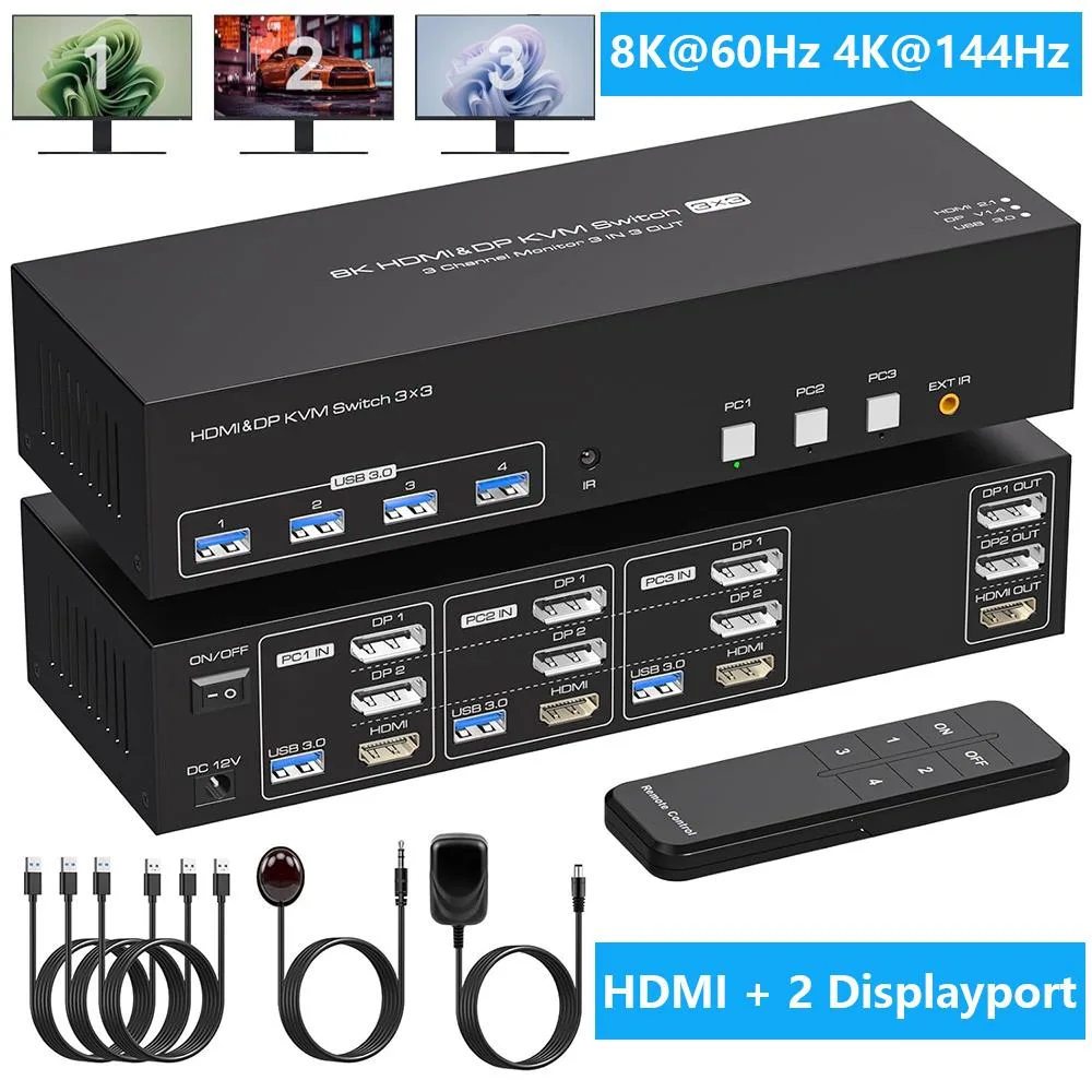 IHDAPP IHDAPP 8K@60Hz 1 HDMI + 2 DisplayPort KVM Switch 3 PC 3 Monitors — product photo