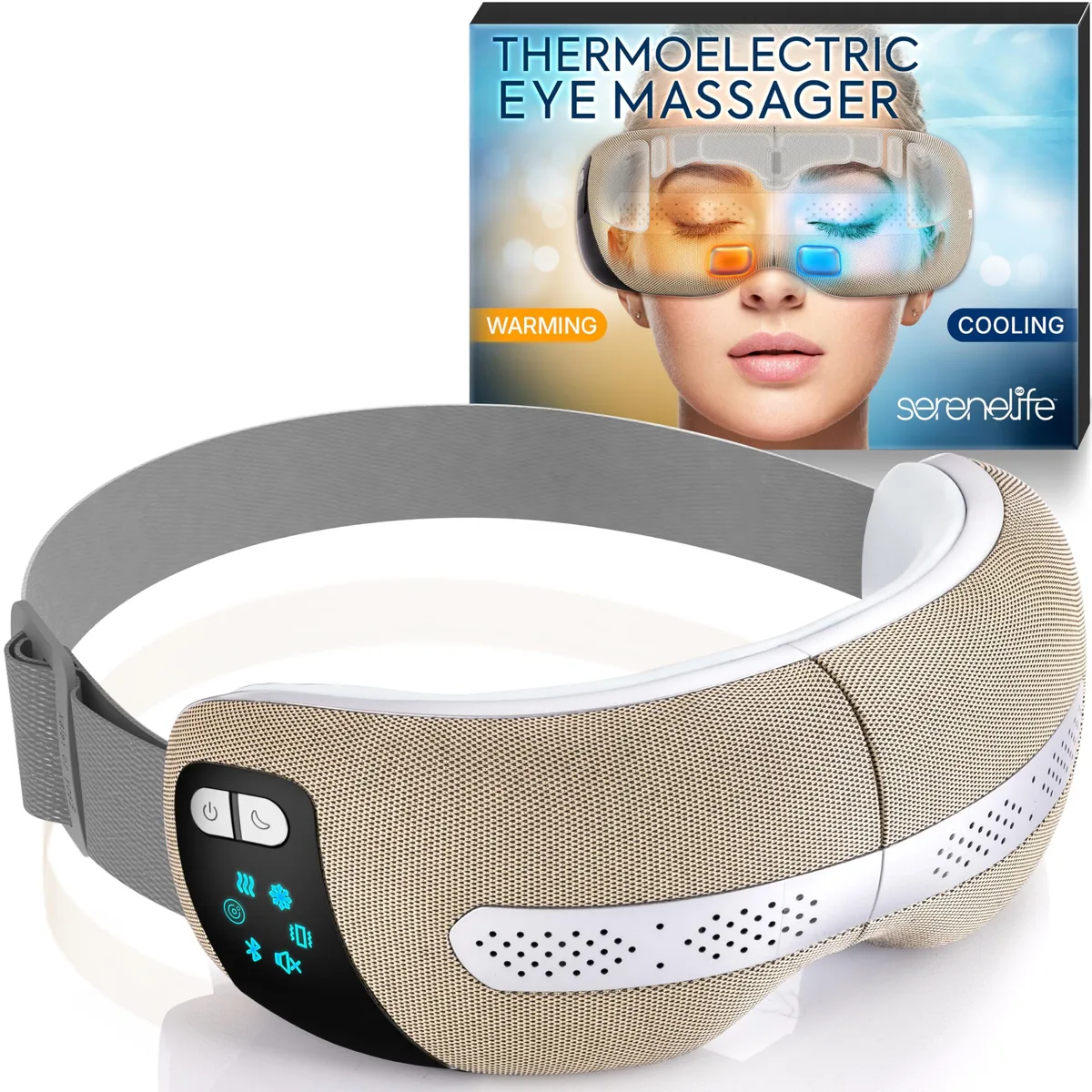 White foldable eye massager mask with adjustable strap, built-in speakers, and carrying case