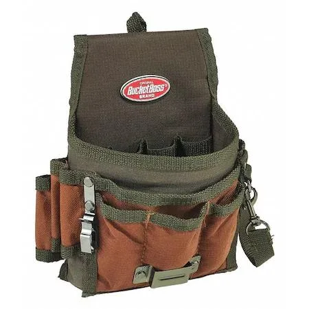 Green polyester tool pouch with nine outer pockets and belt clip