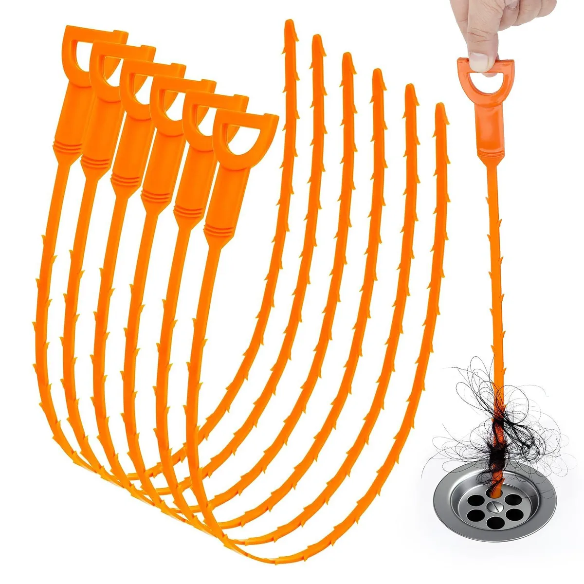 Six orange flexible drain snakes with barbed edges