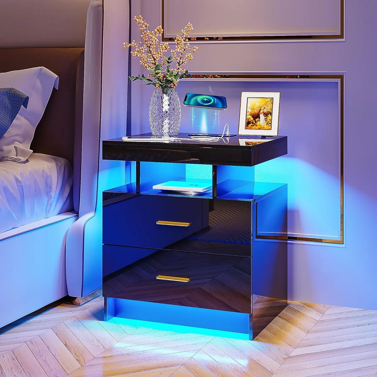 High gloss black floating nightstand with two drawers and LED light strip