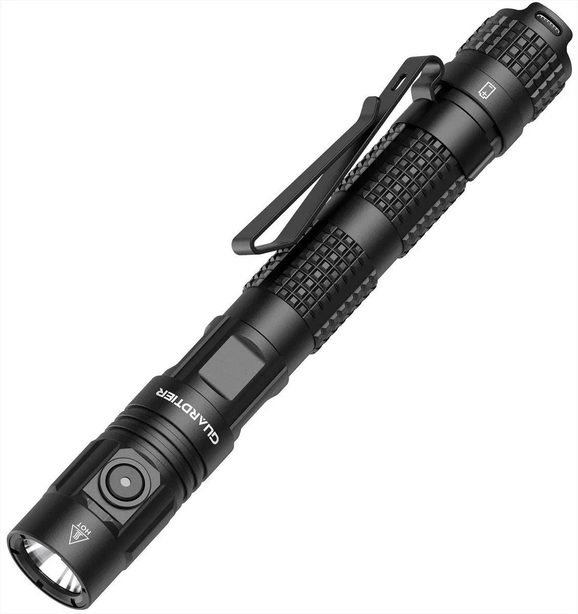 Black aluminum tactical flashlight, 6.1 inches long with USB-C charging
