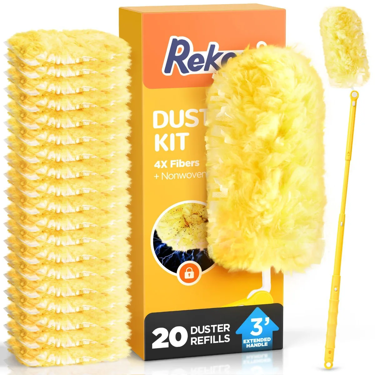 REKOPI heavy duty duster refill kit with 3 ft extension pole and 20 microfiber refills