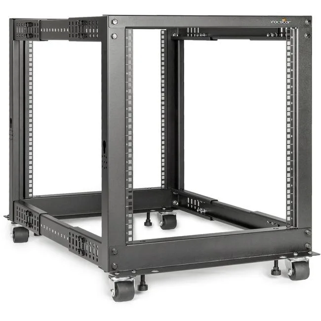 Black open-frame 4-post server rack 12U on casters
