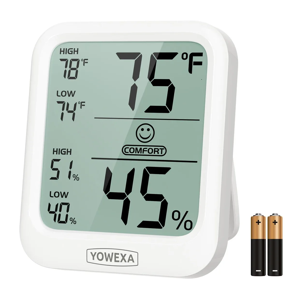 Black rectangular digital thermometer hygrometer with LCD screen showing temperature and humidity readings