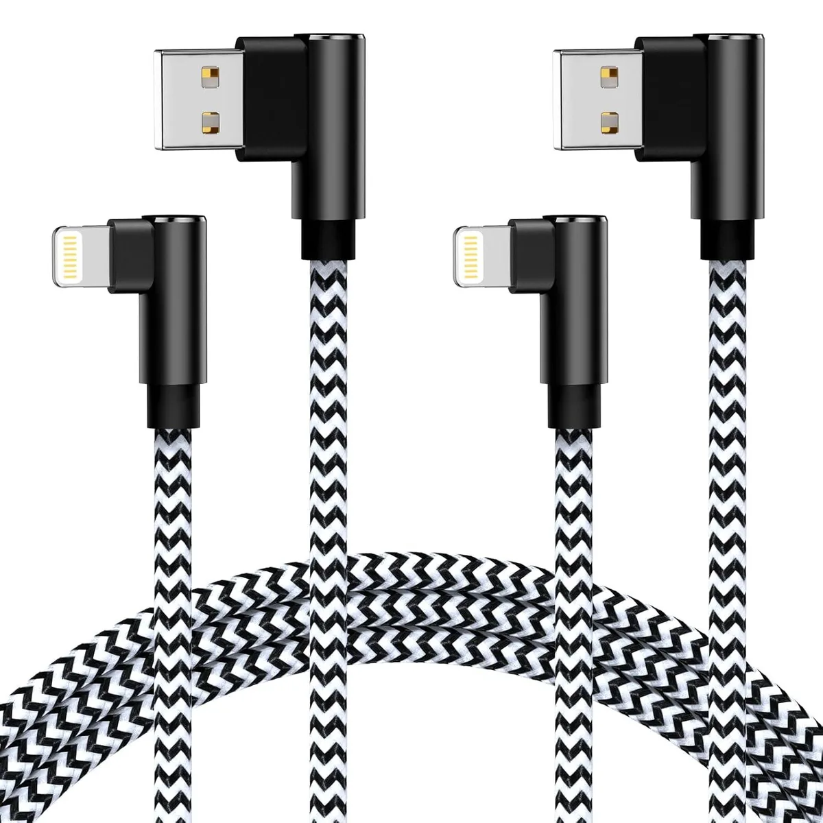 Two white nylon-braided USB to Lightning cables, each ten feet long