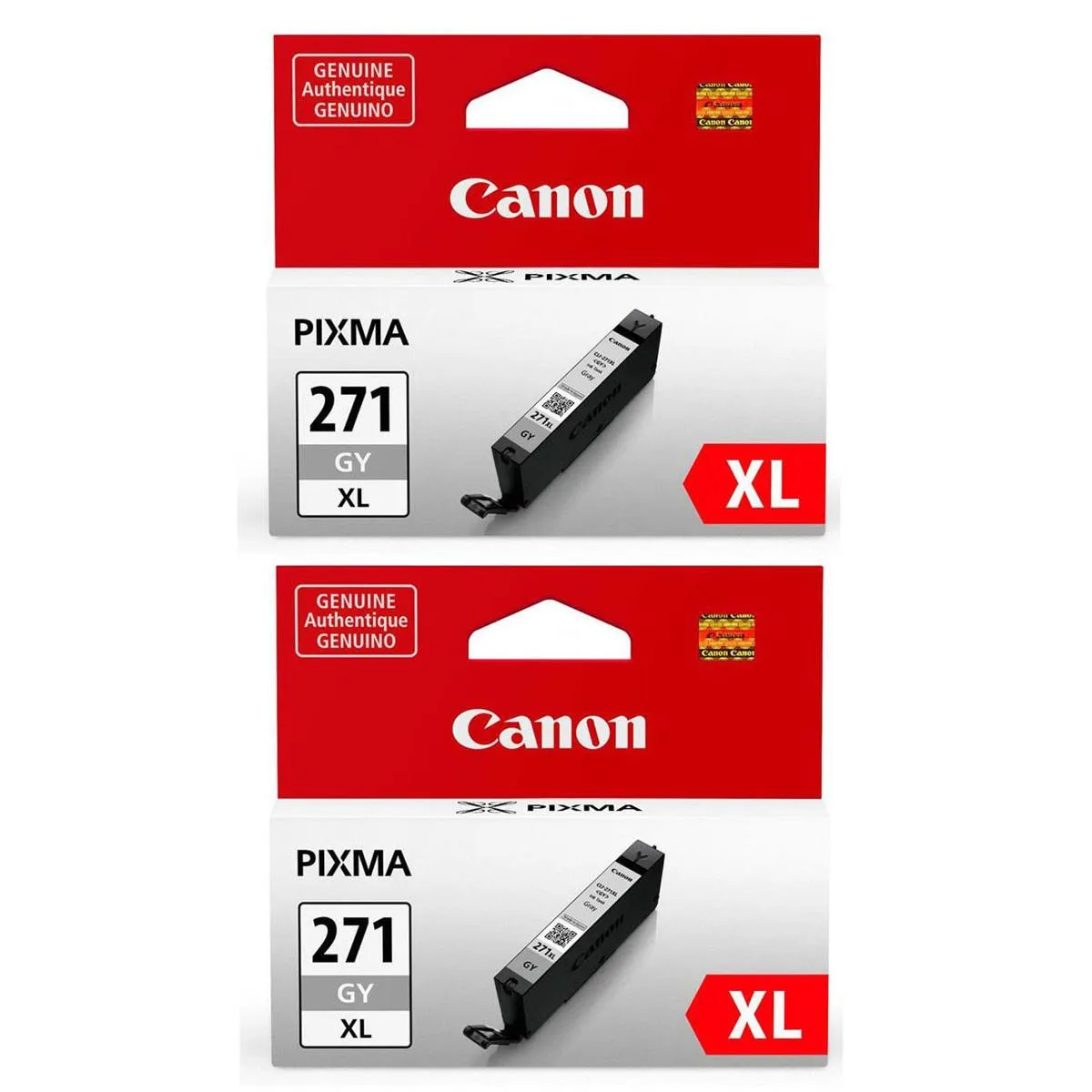 Two rectangular Canon CLI-271 XL gray ink tanks in sealed packaging
