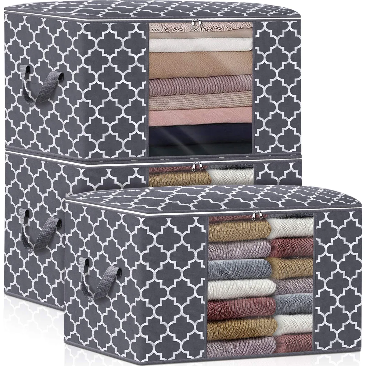 Three rectangular grey fabric storage bags with clear windows and reinforced handles