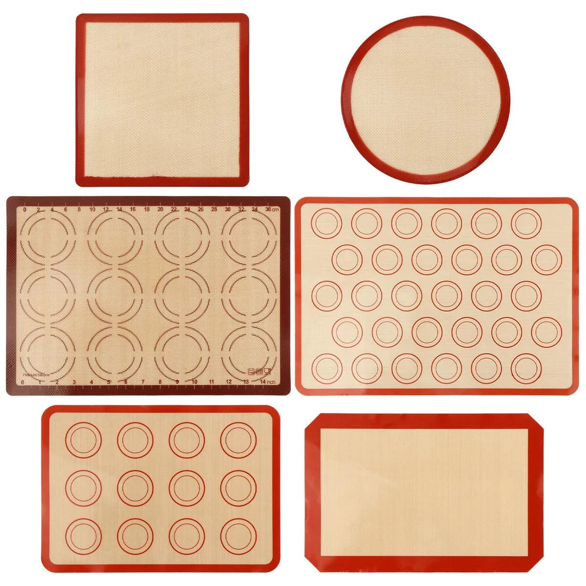 Six silicone baking mats in multiple colours and shapes with printed guides