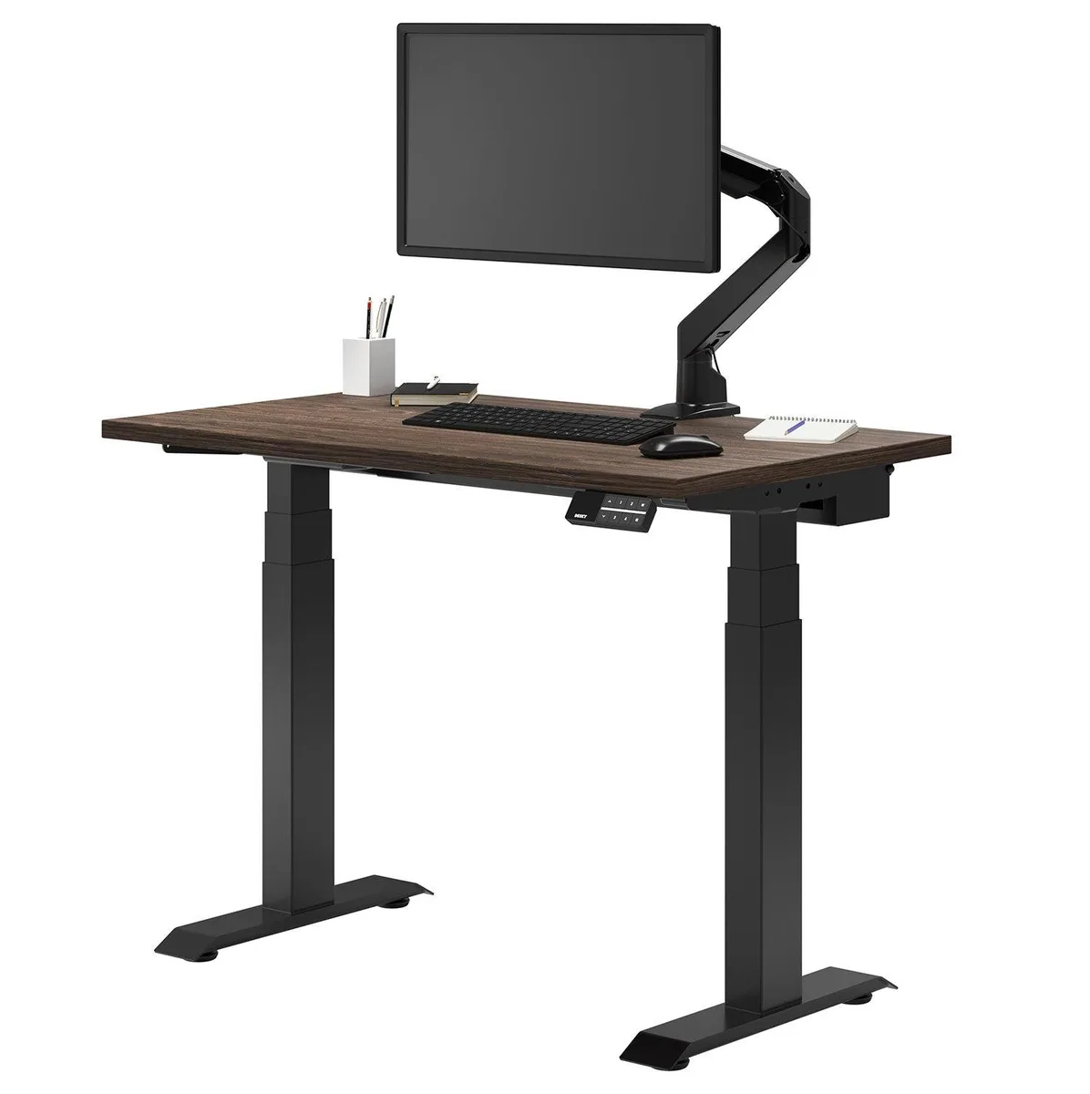 Desky Desky Dual Mini Sit-Stand Desk Walnut/Matte Black 32 x 20 in with Grommets — product photo