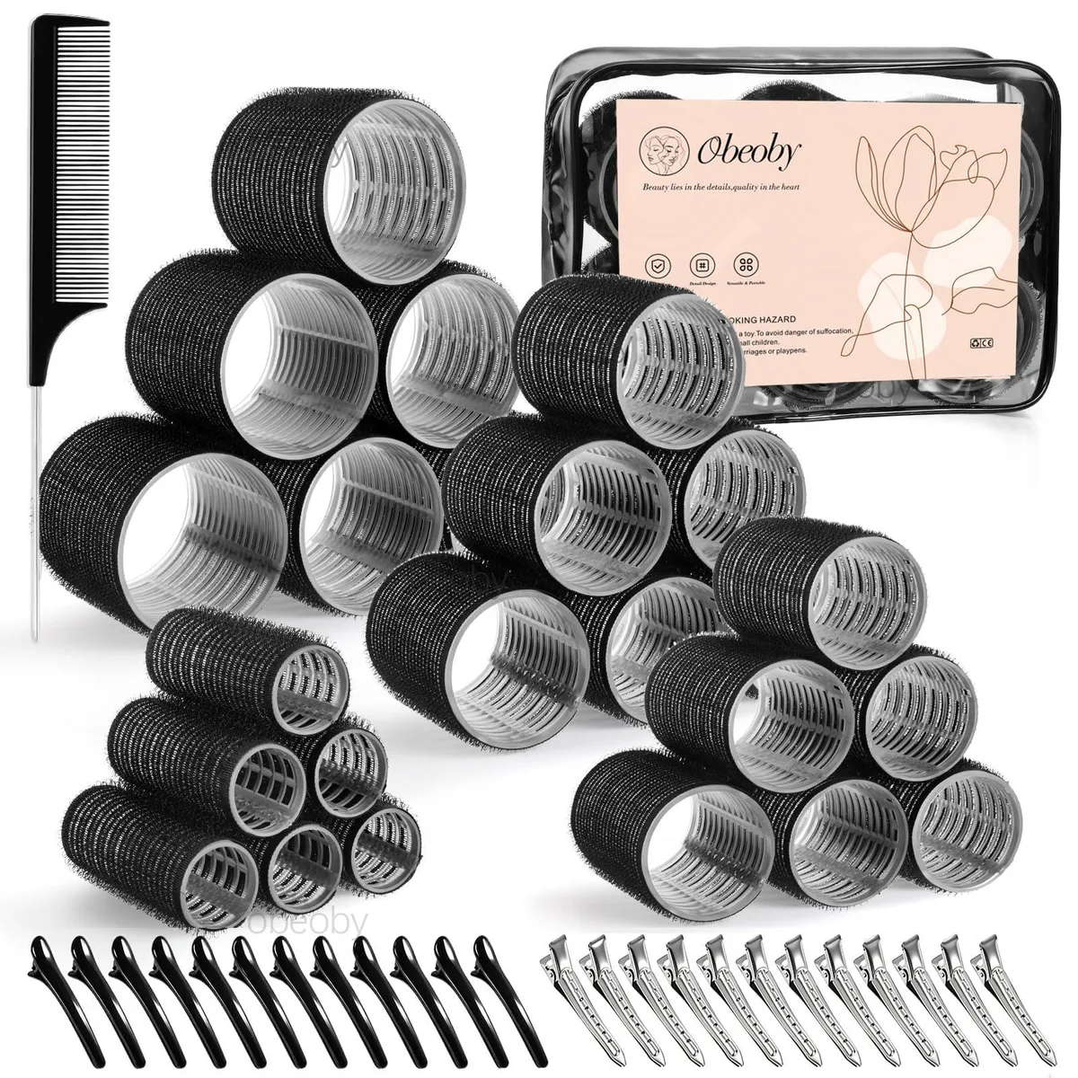 Black self-grip hair rollers in four sizes with clips, comb and storage bag