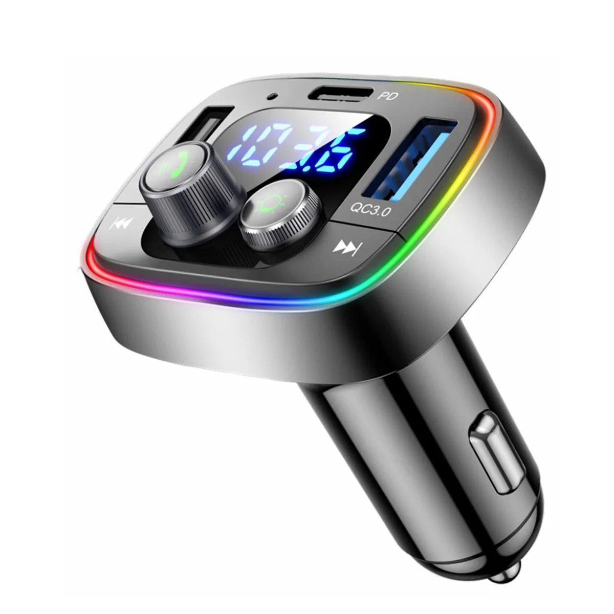 Compact black Bluetooth 5.4 car adapter with 7 LED breathing lights and USB-C port
