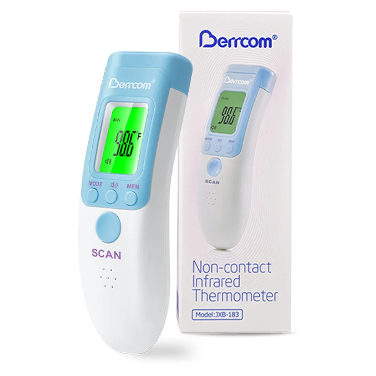 Light blue handheld infrared thermometer with LCD display