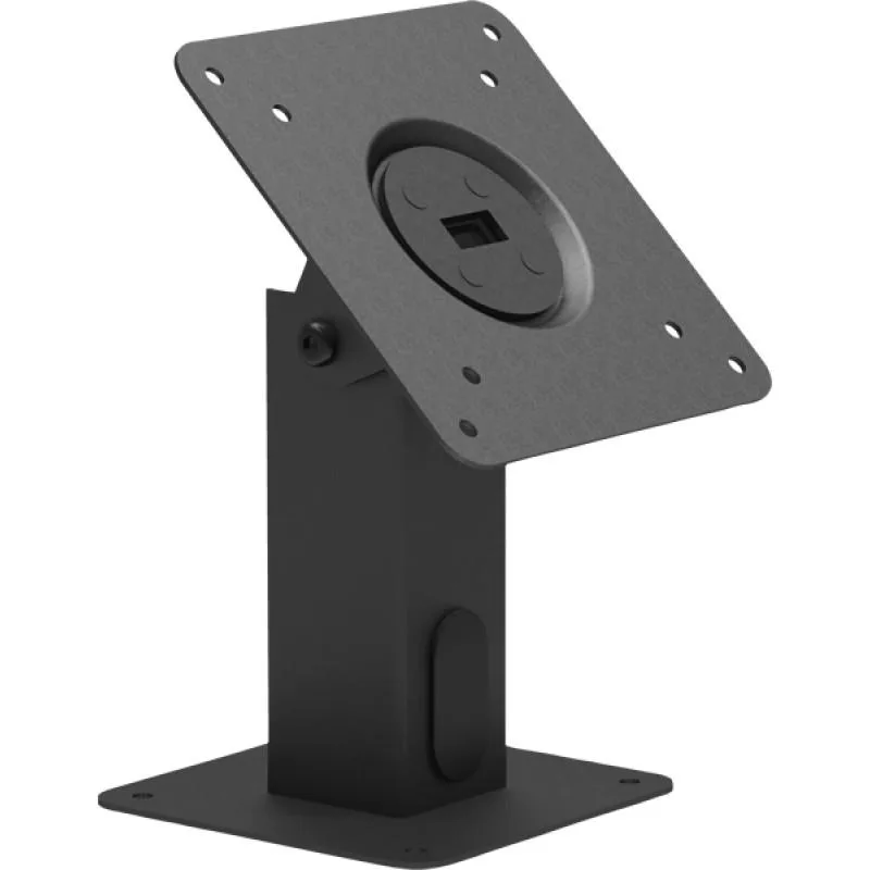 Black steel VESA surface mount with 360-degree tilt and swivel, rectangular cable pass-through hole, removable oval side cap