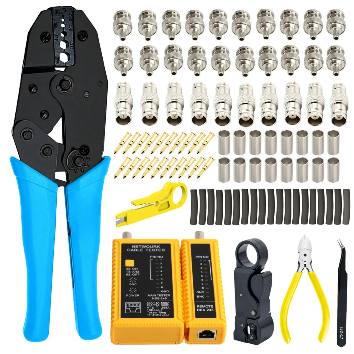 KEHIPI KEHIPI BNC Crimp Tool Kit RG58 RG59 RG62 RG174 20 Male 10 Female Connectors Tester Stripper — product photo