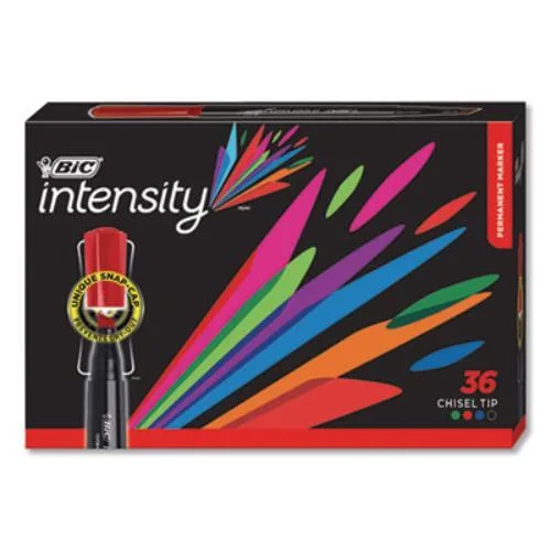 Cardboard box holding 36 broad chisel-tip permanent markers in assorted colours