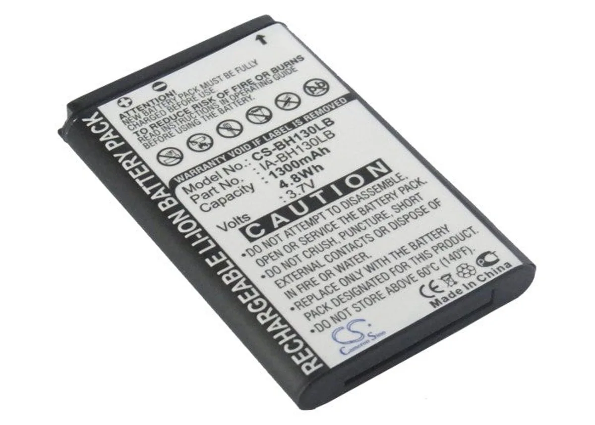 Rectangular lithium-ion camcorder battery, dark grey plastic casing with gold contacts